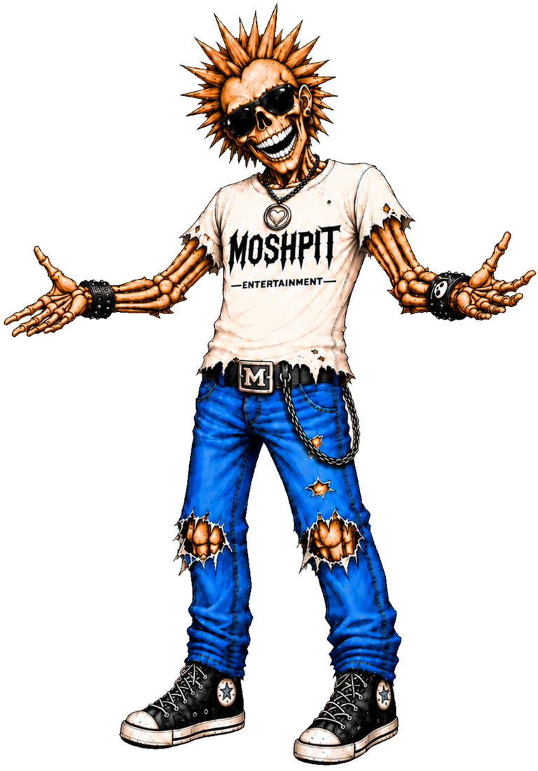 Moshi, das Maskottchen von Moshpit Entertainment, begrüßt mit offenen Armen – ein freundliches Punk-Skelett mit Sonnenbrille und Stachelhaaren